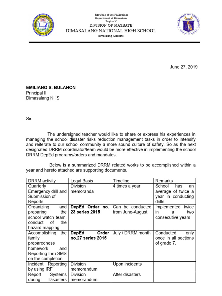 Letter DRRM Resigning | PDF | Government | Occupational Safety And Health