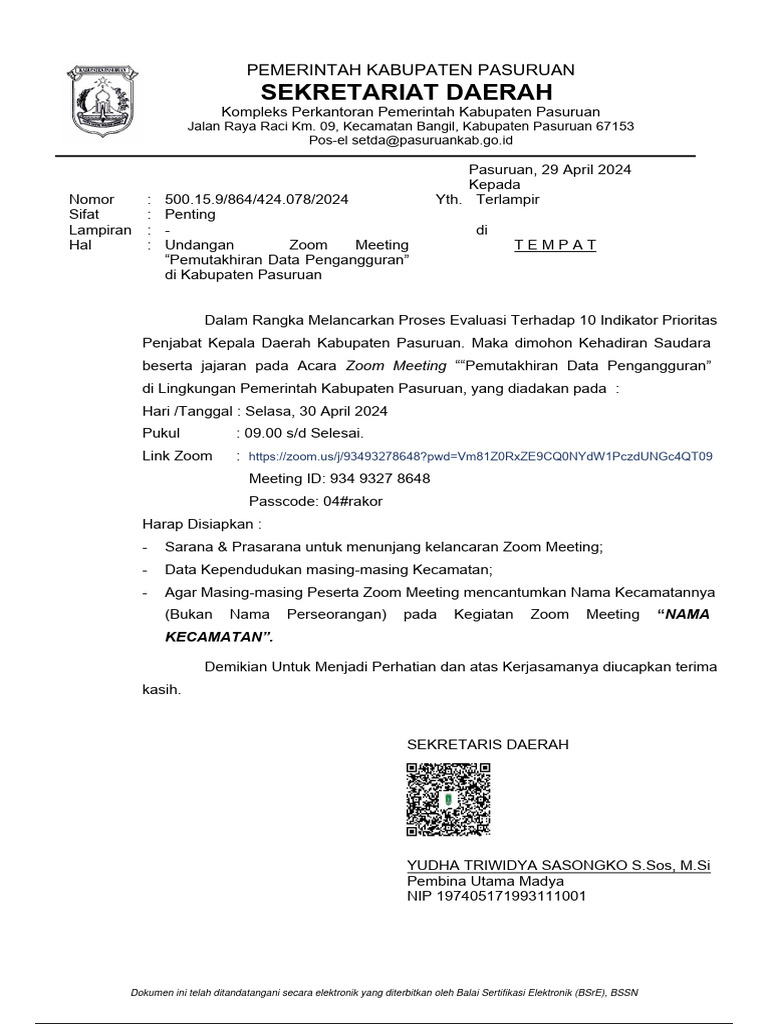 Undangan Zoom Meeting Kegiatan Pemutakhiran Angka Pengangguran 2024 | PDF
