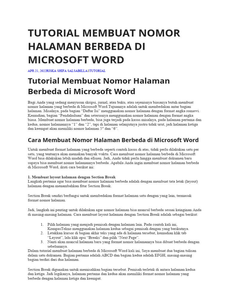 Tutorial Membuat Nomor Halaman Berbeda Di Microsoft Word | PDF