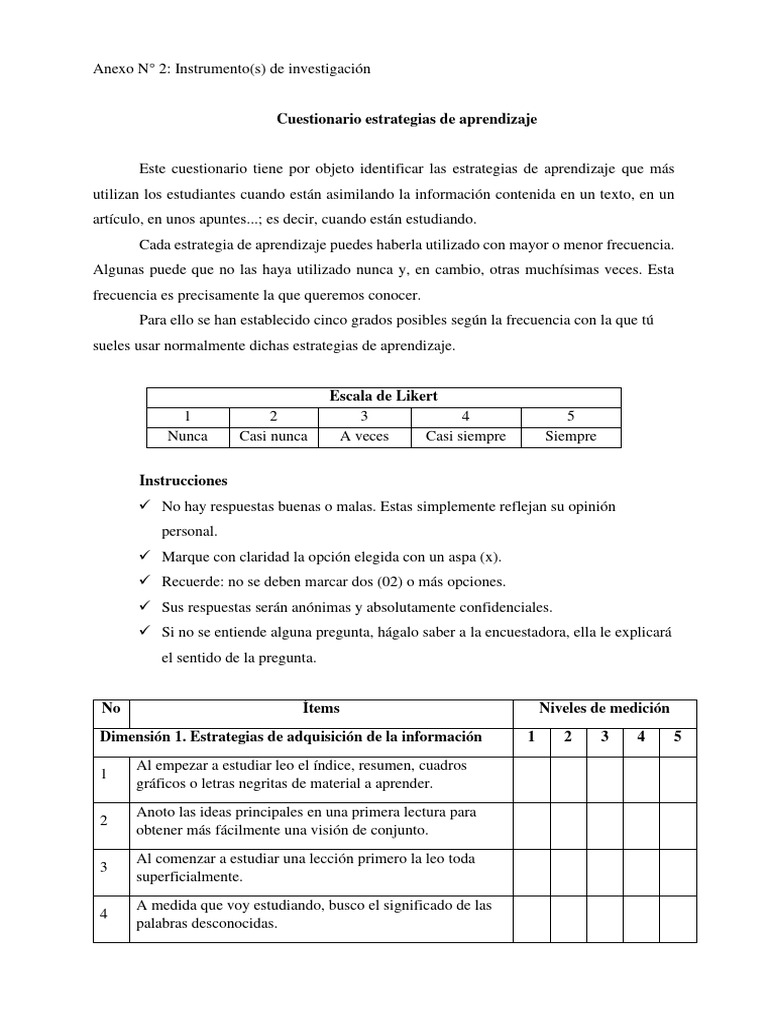 Cuestionario sobre Estrategias de Aprendizaje | PDF | Aprendizaje ...