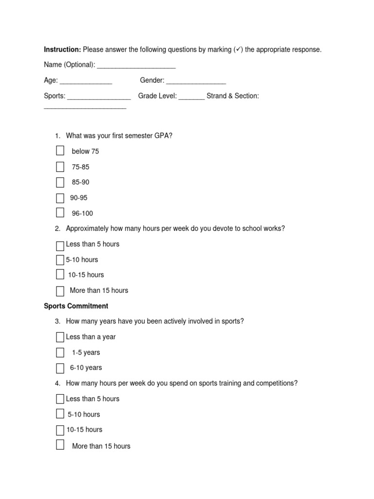 Student-Athlete Sports Survey | PDF | Sports | Social Psychology