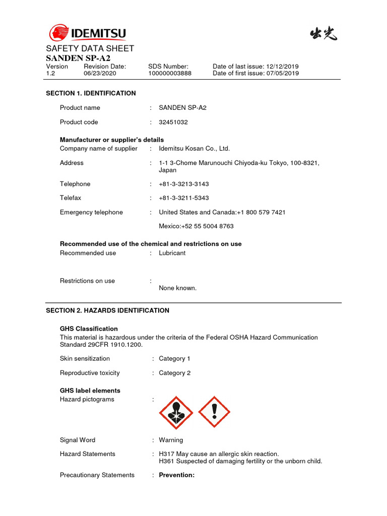 Sanden SP-A2 Safety Data Sheet | PDF | Safety | Working Conditions