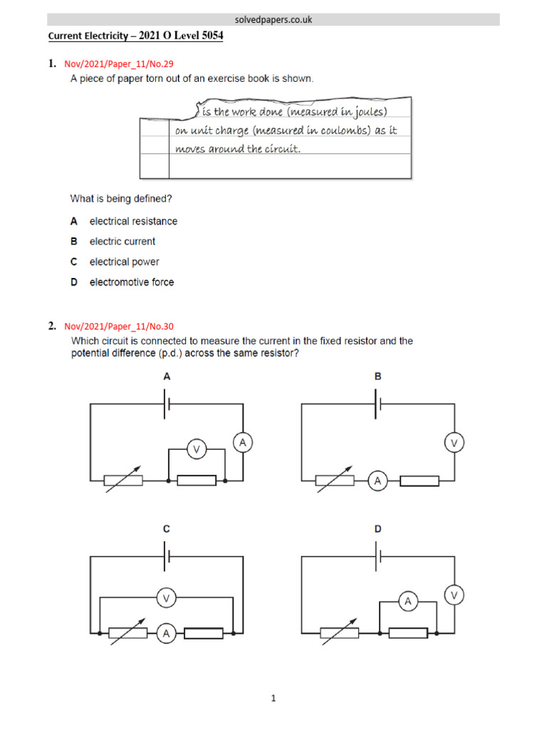 O Level 5054 Current Electricity Papers | PDF