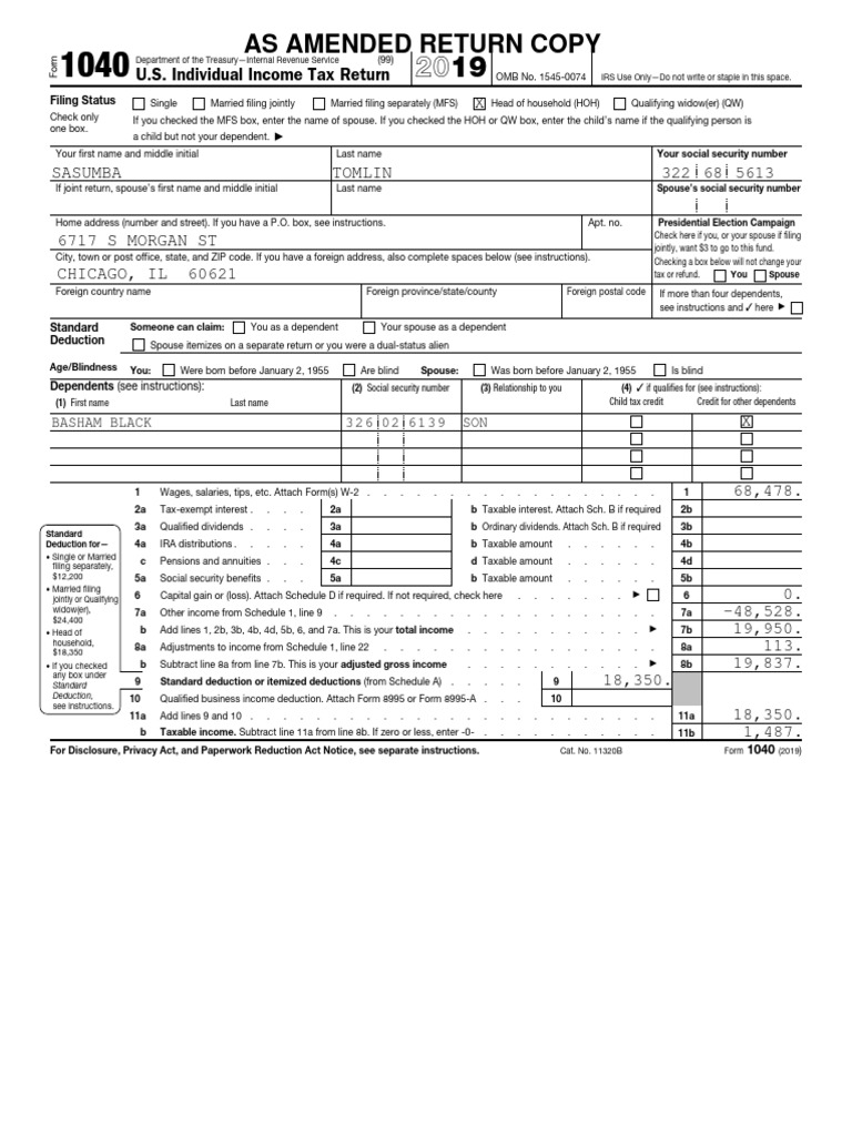 2019 Amended Form 1040 Example | PDF | Irs Tax Forms | Tax Deduction