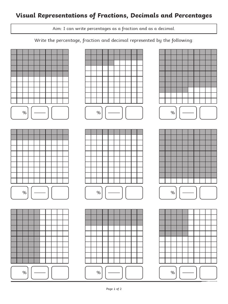 1Year 5 Visual Representations of Fractions Decimals and Percentages