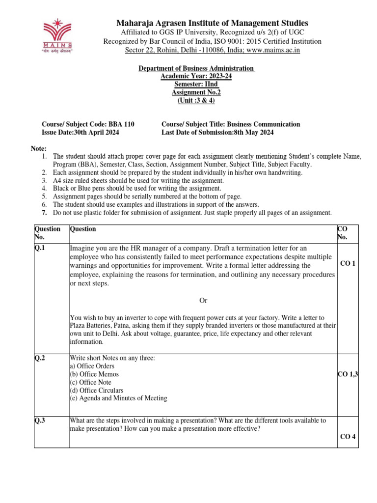 BBA Business Communication Assignment 2024 | PDF