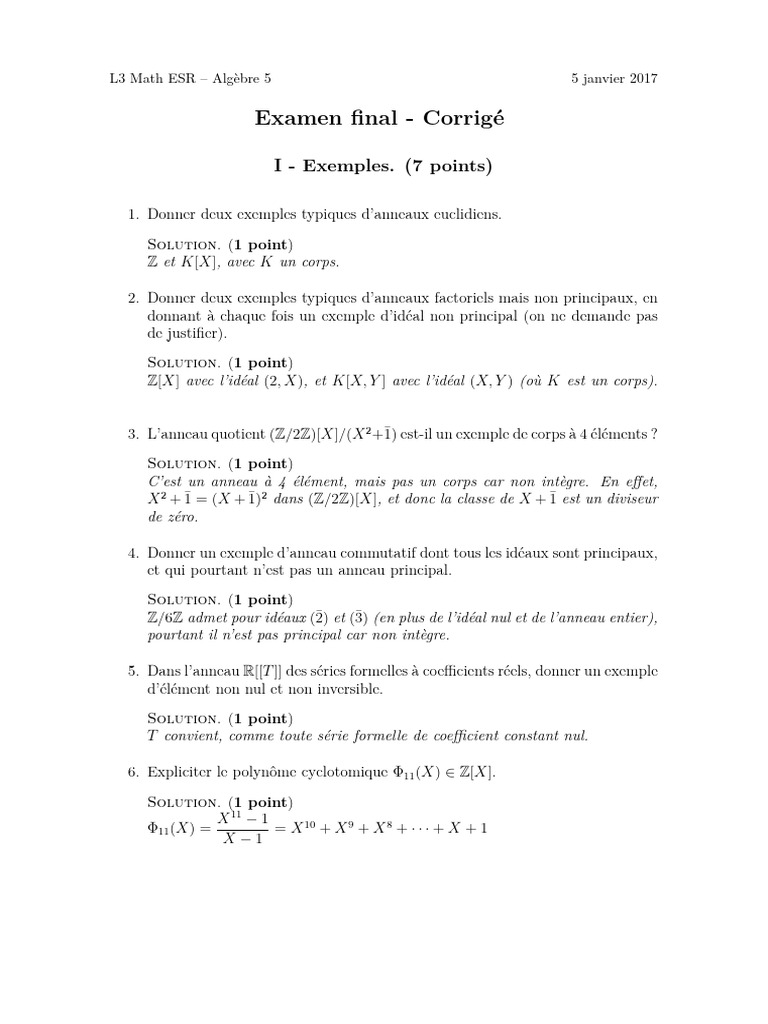 Corrigé Examen Algèbre L3 Math ESR | PDF | Corps commutatif | Structure ...
