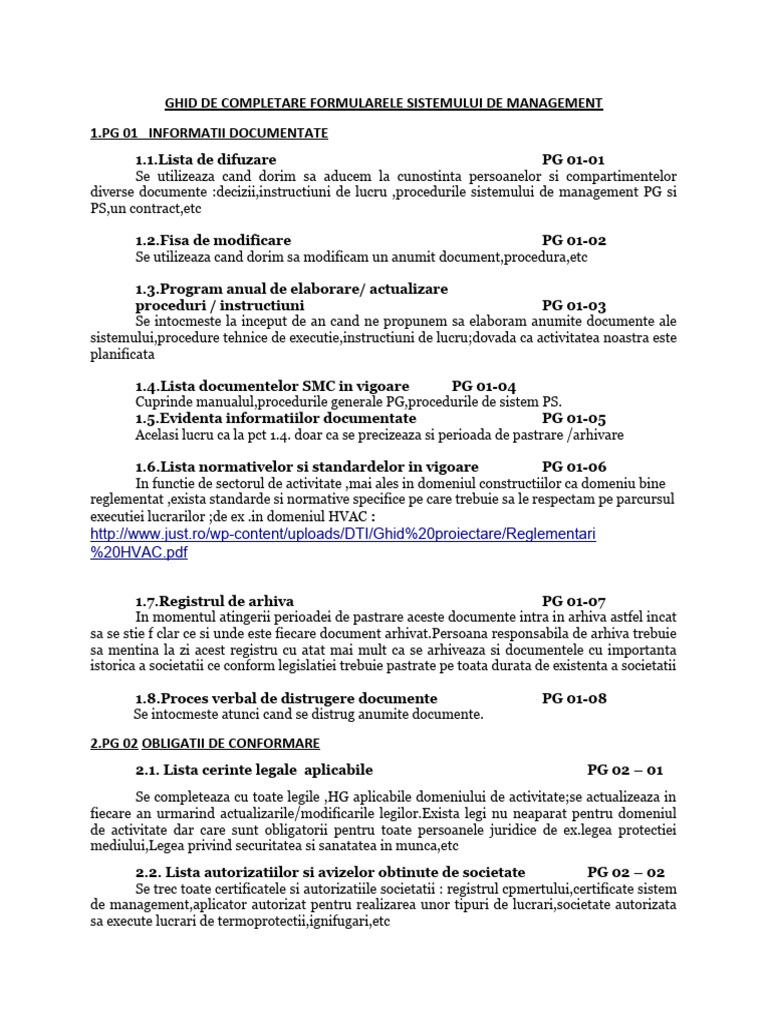 Ghid de Completare Formularele Sistemului de Management | PDF