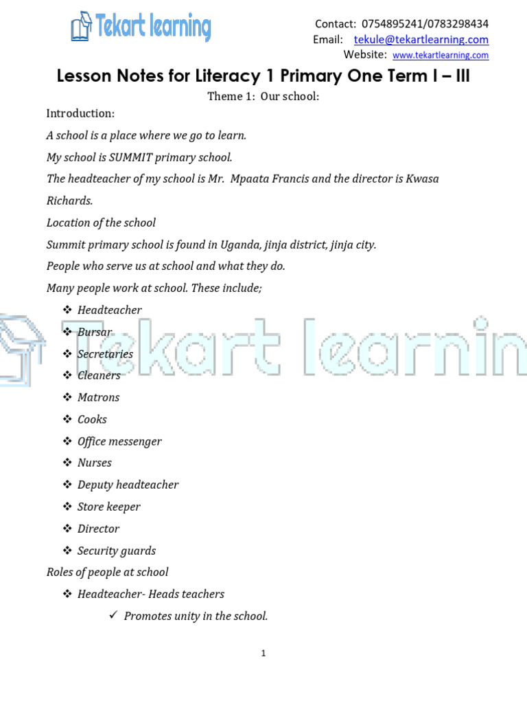 Literacy Notes for Primary One Term 1-3 | PDF | Room | Building Materials
