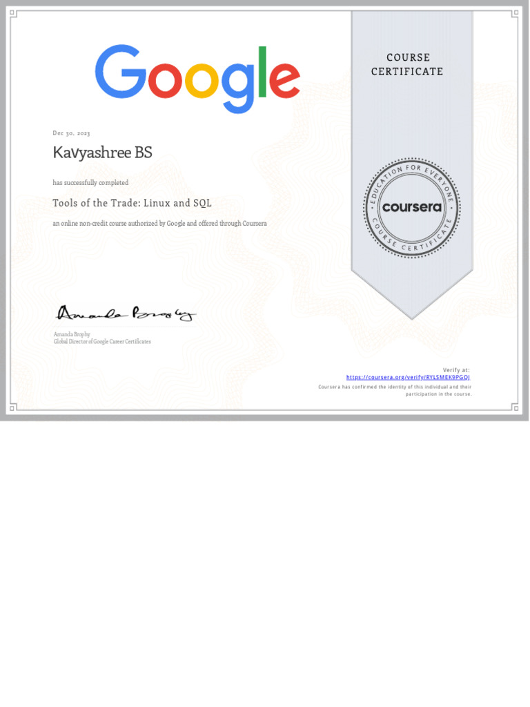 Google-Authorized Linux and SQL Course Completion | PDF