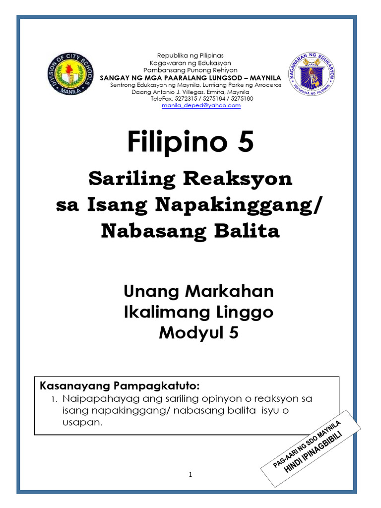 FILIPINO 5 - Q1 - Mod5 | PDF