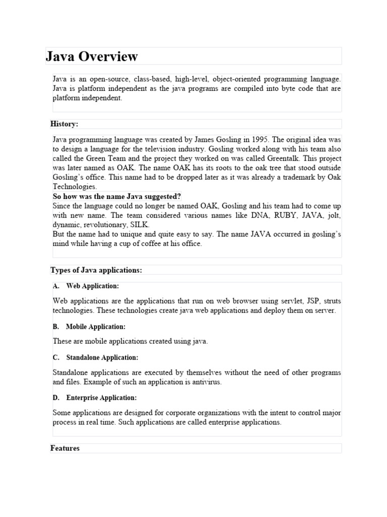 Java Overview | PDF | Java (Programming Language) | Cross Platform Software