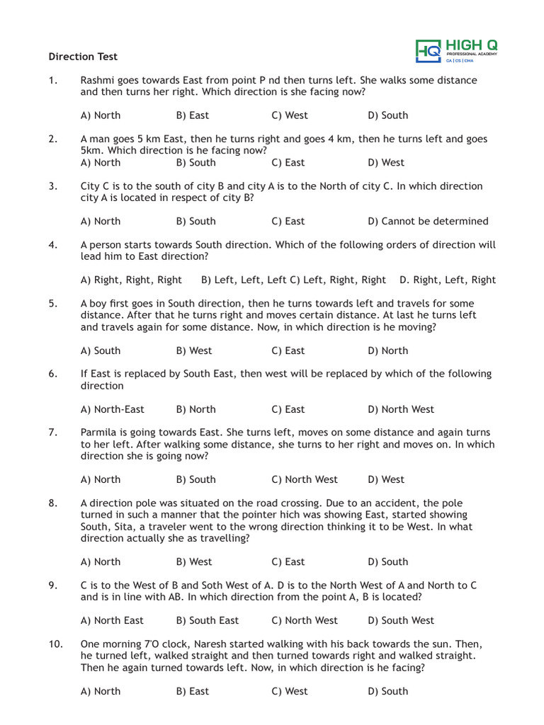 Direction Test Questions and Answers | PDF