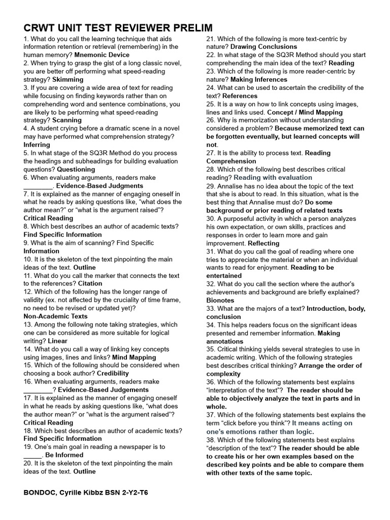 CRWT Unit Test Review Strategies | PDF | Speed Reading | Reading ...