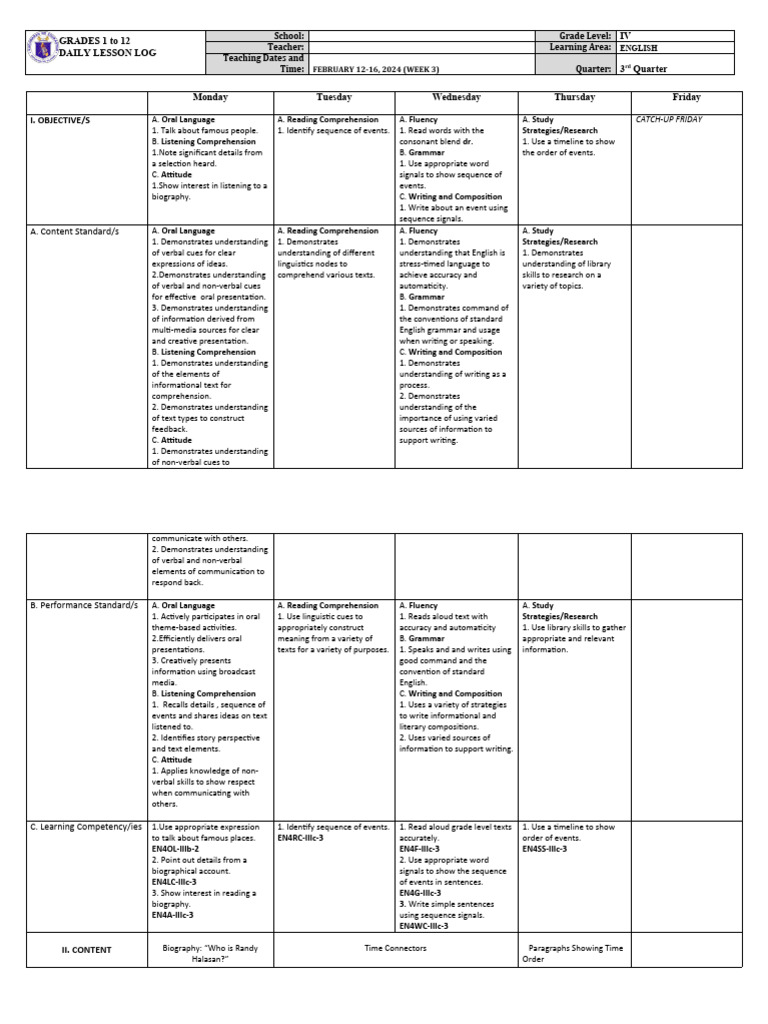 Weekly English Lesson Plan For Grades 4 12 Pdf Reading