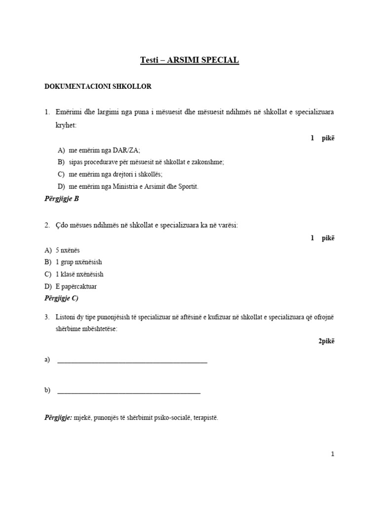 Arsimi Special Zgjidhje 2014 | PDF