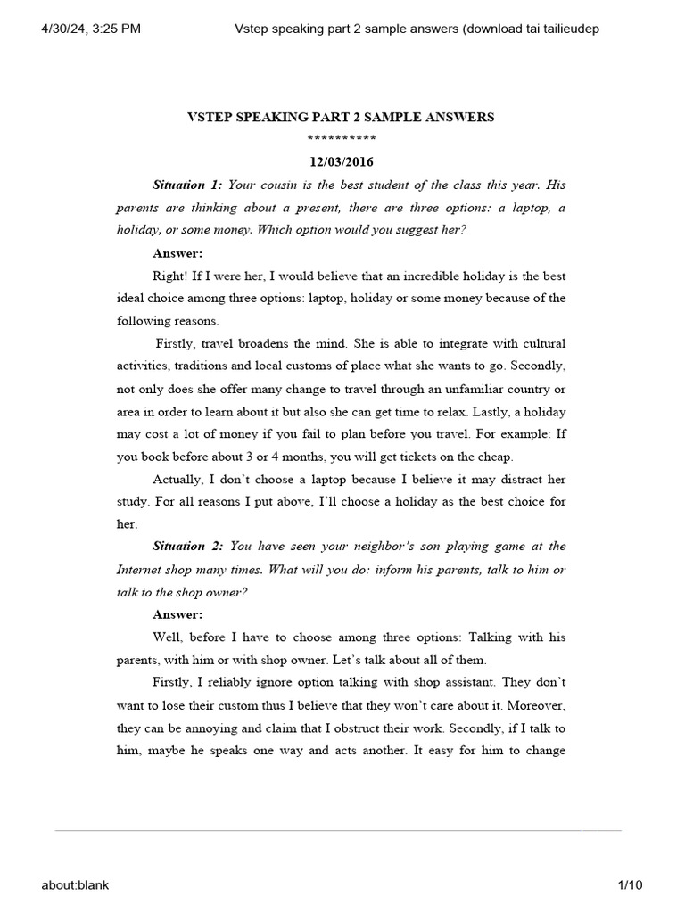 VSTEP Speaking Part 2 Sample Answers | PDF | Reason | Tourism