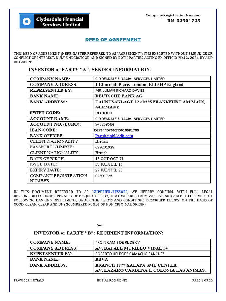 Banking Instrument Agreement | PDF | Letter Of Credit | Wire Transfer