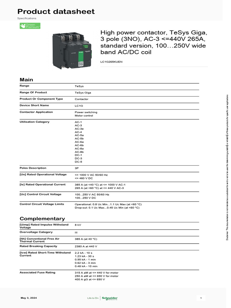 TeSys Giga LC1G265KUEN Contactor Specs | PDF | Technology & Engineering