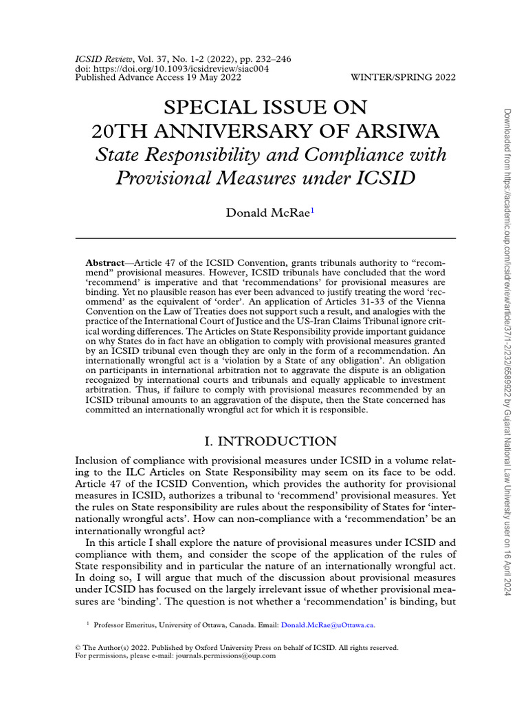 State Responsibility And Compliance With Provisional Measures Under 