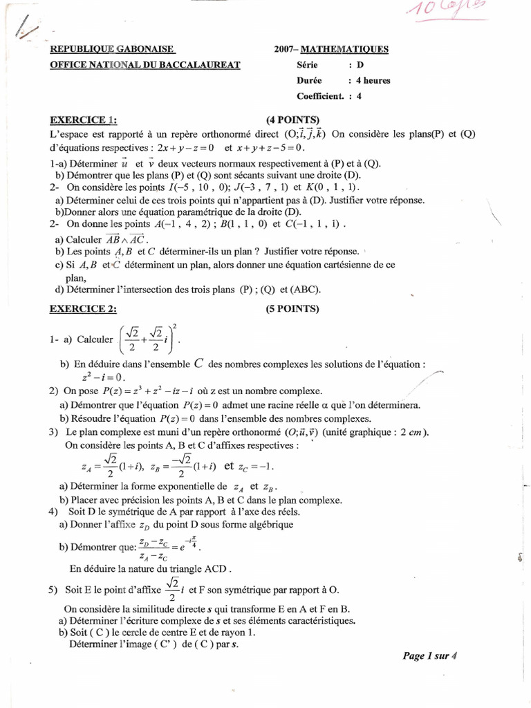 Corrigé Maths Bac 2007 Gabon | PDF | Géométrie | Mathématiques