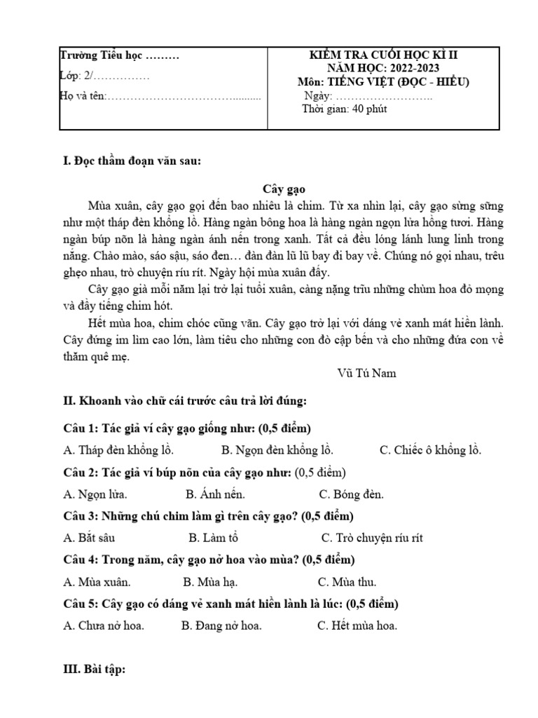 De Thi Hoc Ki 2 Lop 2 Mon Tieng Viet Sach Chan Troi de 1 | PDF