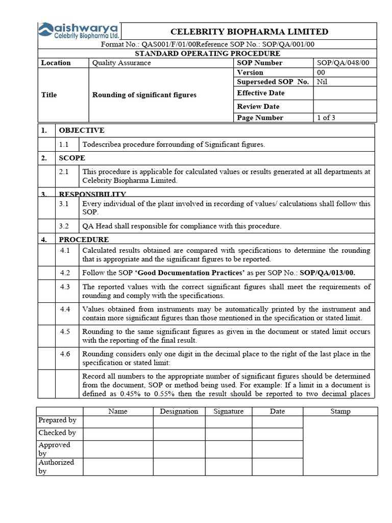 Rounding Significant Figures SOP | PDF | Significant Figures | Quality ...