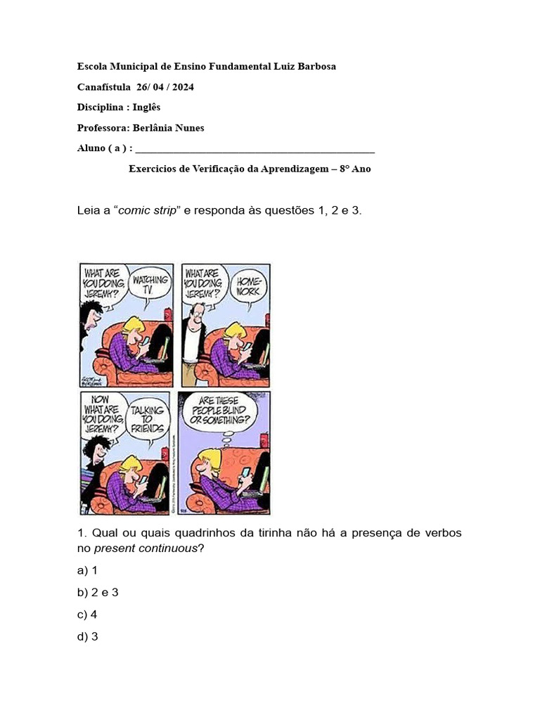 Exercícios de Inglês 8º Ano: Present Continuous e Simple Present | PDF ...