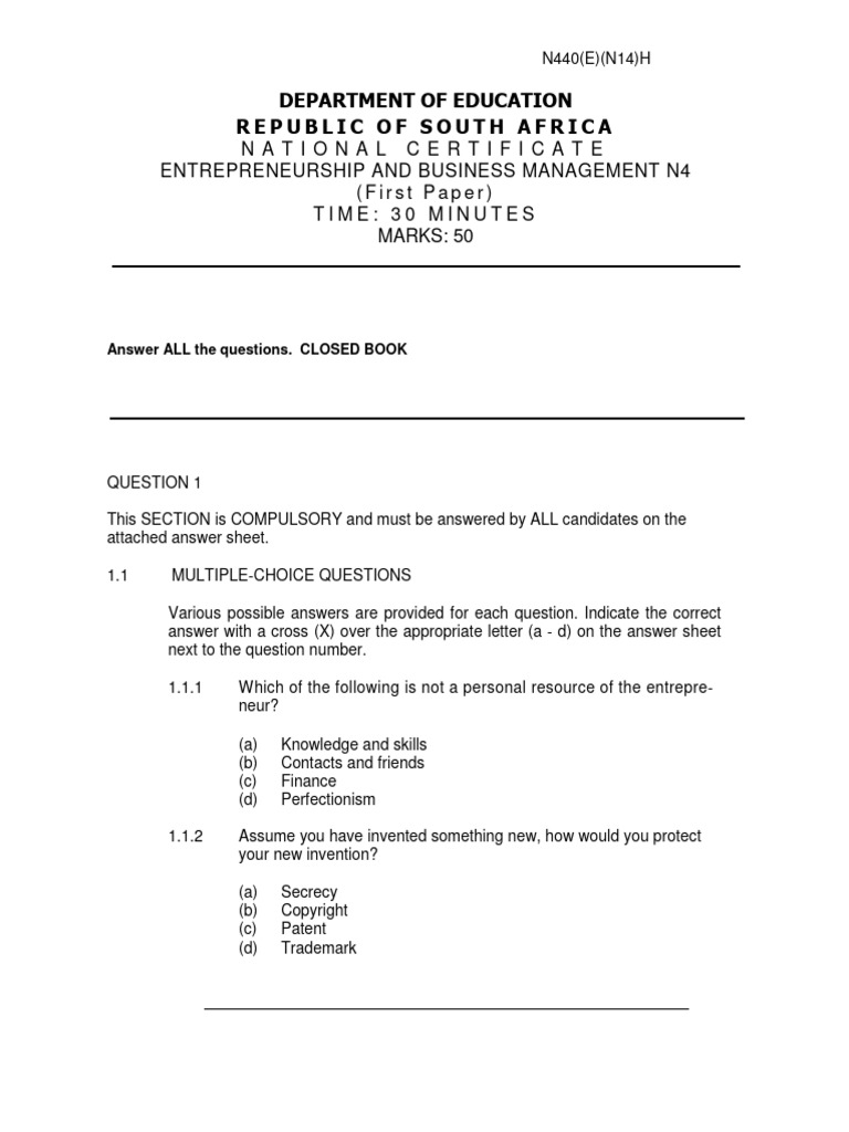 Exam-Entrepreneurship and Business Management N4 Nov 2005 PDF | PDF ...