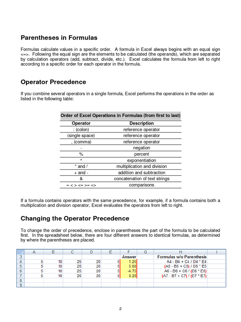 Excel Operator Precedence Explained | PDF | Microsoft Excel | Function ...