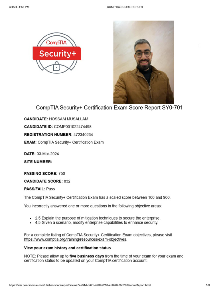 CompTIA Security+ Exam Score Report | PDF | Comp Tia | United States ...