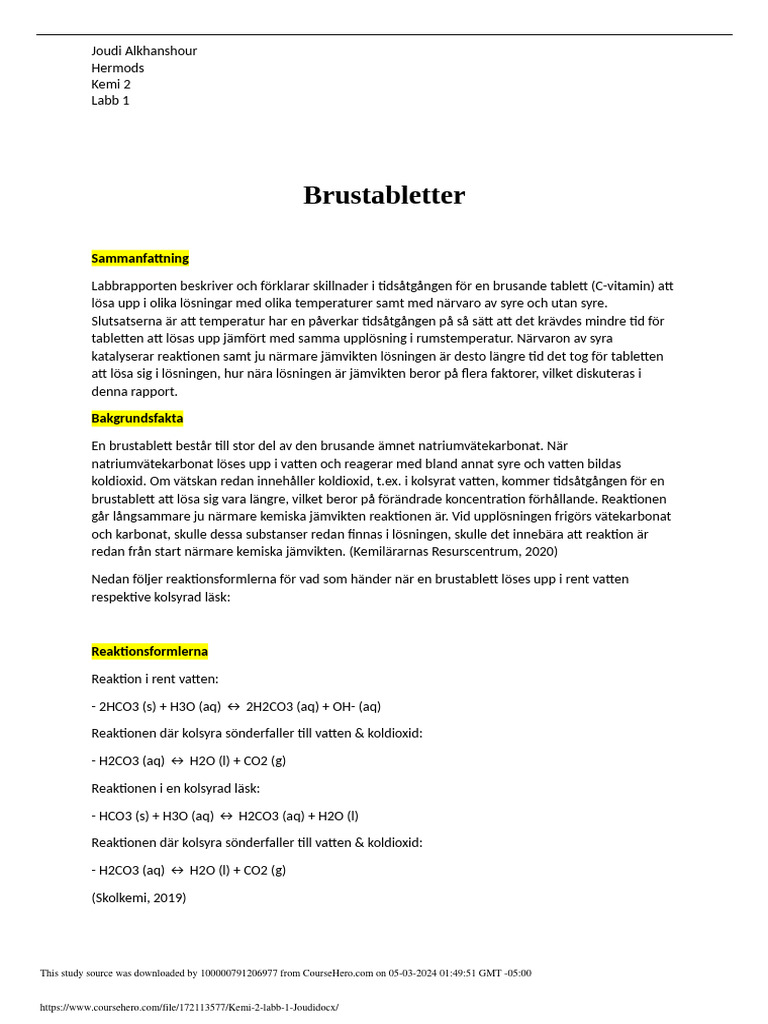 Kemi 2 Labb 1 Joudi | PDF