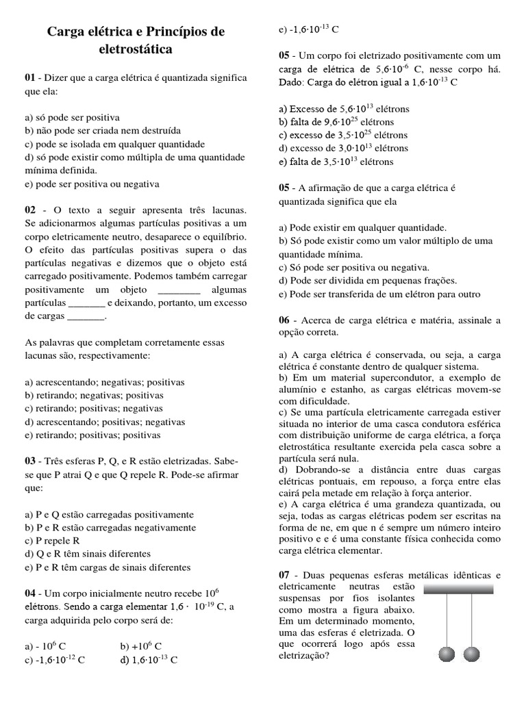 Questões de Eletrostática e Carga Elétrica | PDF | Carga elétrica ...