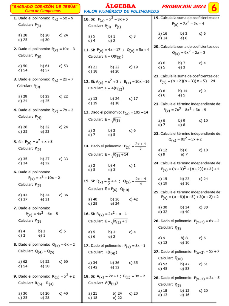 5° Álgebra 6 Valor Numérico de Un Polinomio | PDF