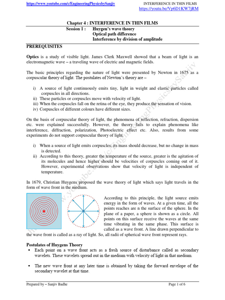 Interefenrece In Thin Films Session 1 Huygenes Wave Theory And Optical