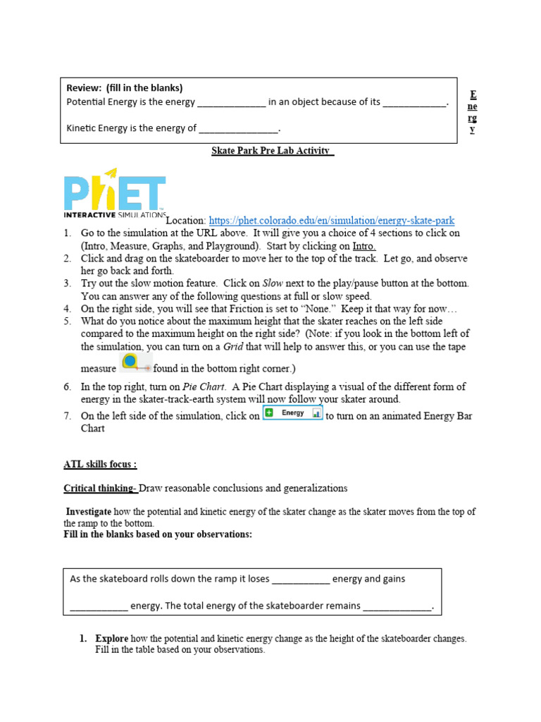 Energy Skate Park Basics - Record Sheet | PDF | Kinetic Energy ...