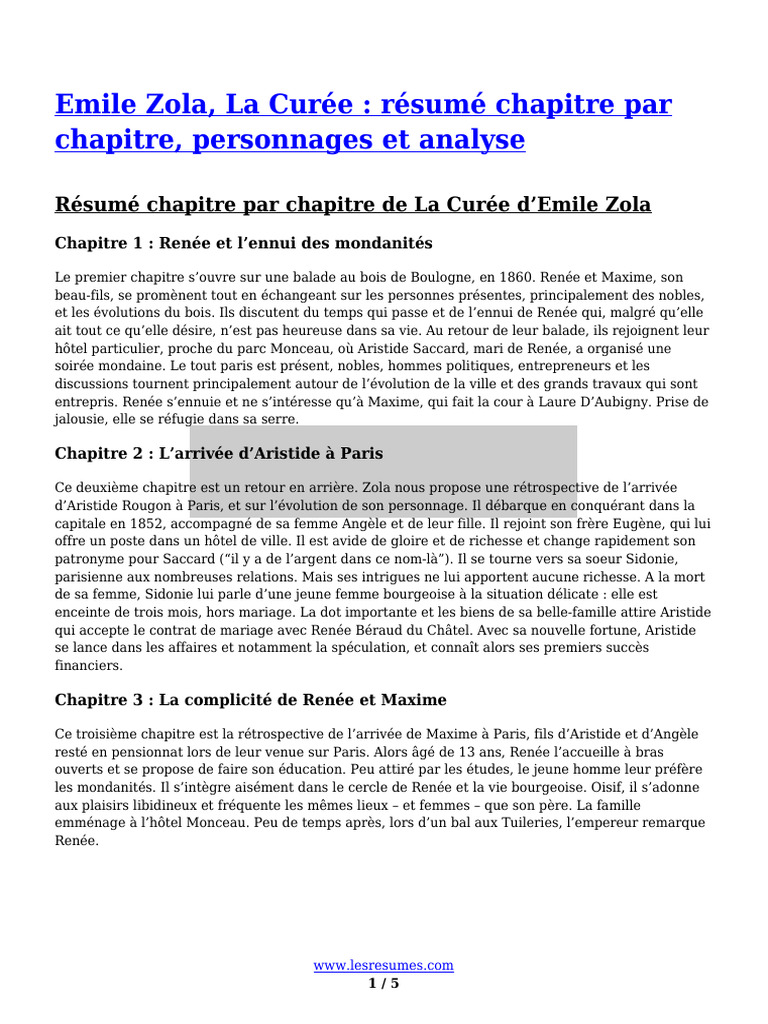 Résumé détaillé de La Curée de Zola | PDF