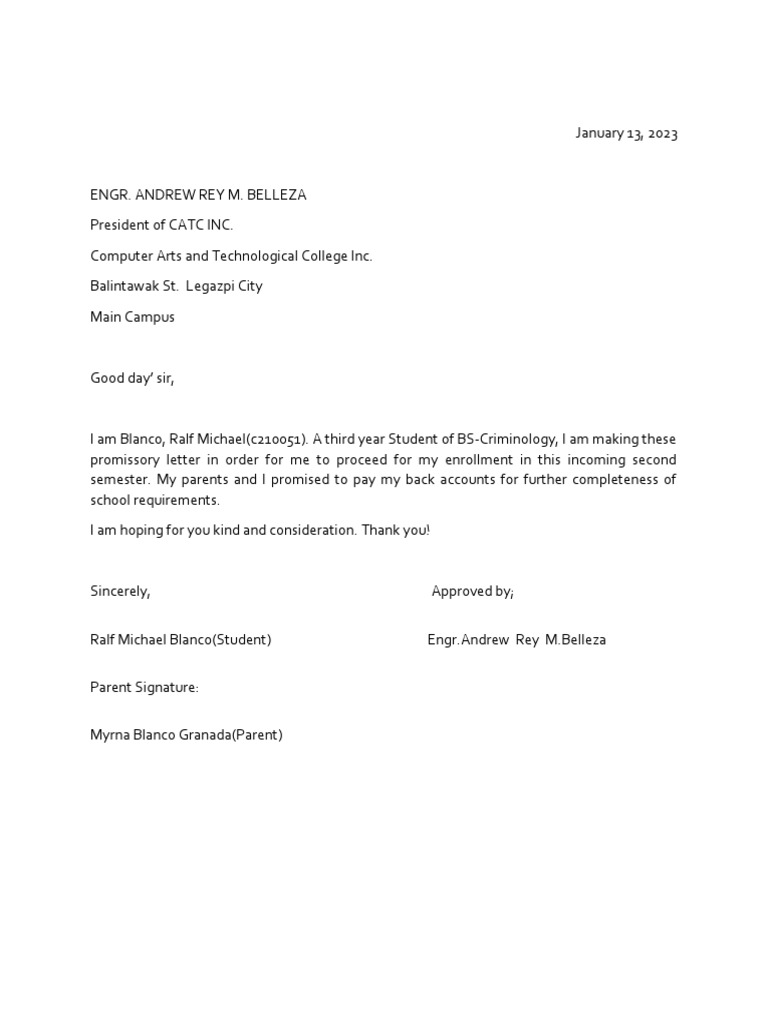 Promissory Letter for Enrollment | PDF