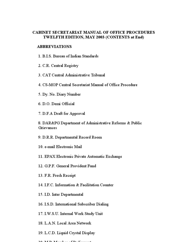 Cabinet Secretariat Manual of Office Procedures May 2003 Twelfth ...