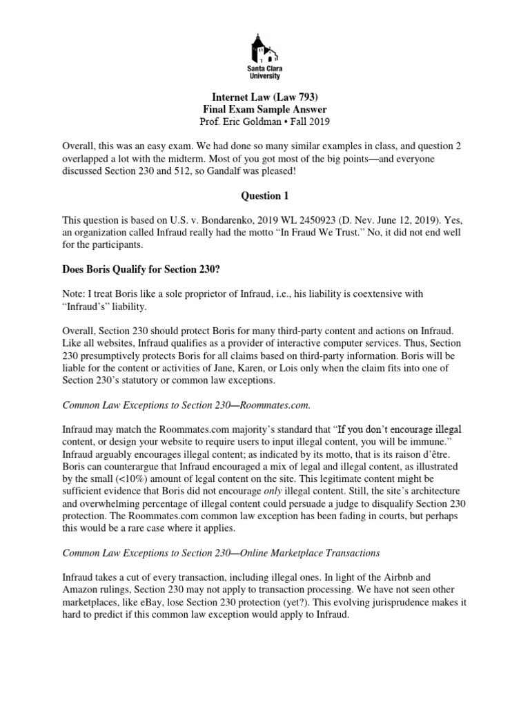 2019 Internet Law Final Exam Sample Answer PDF Common Law Cyberspace