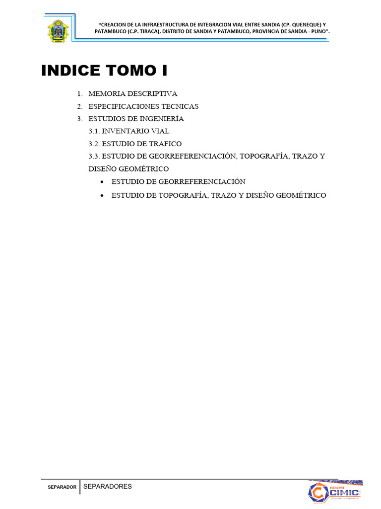 Indice por tomos y separadores pdf presupuesto ingeniero civil