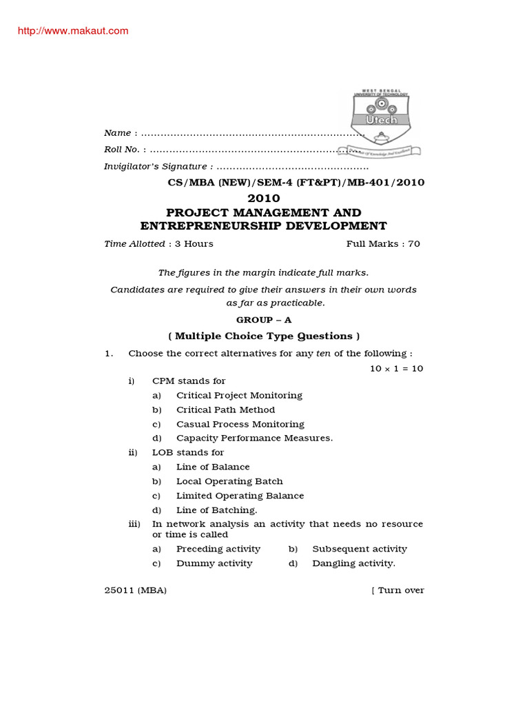 Mba Mb 401 Project Management And Entrepreneurship Development 2010