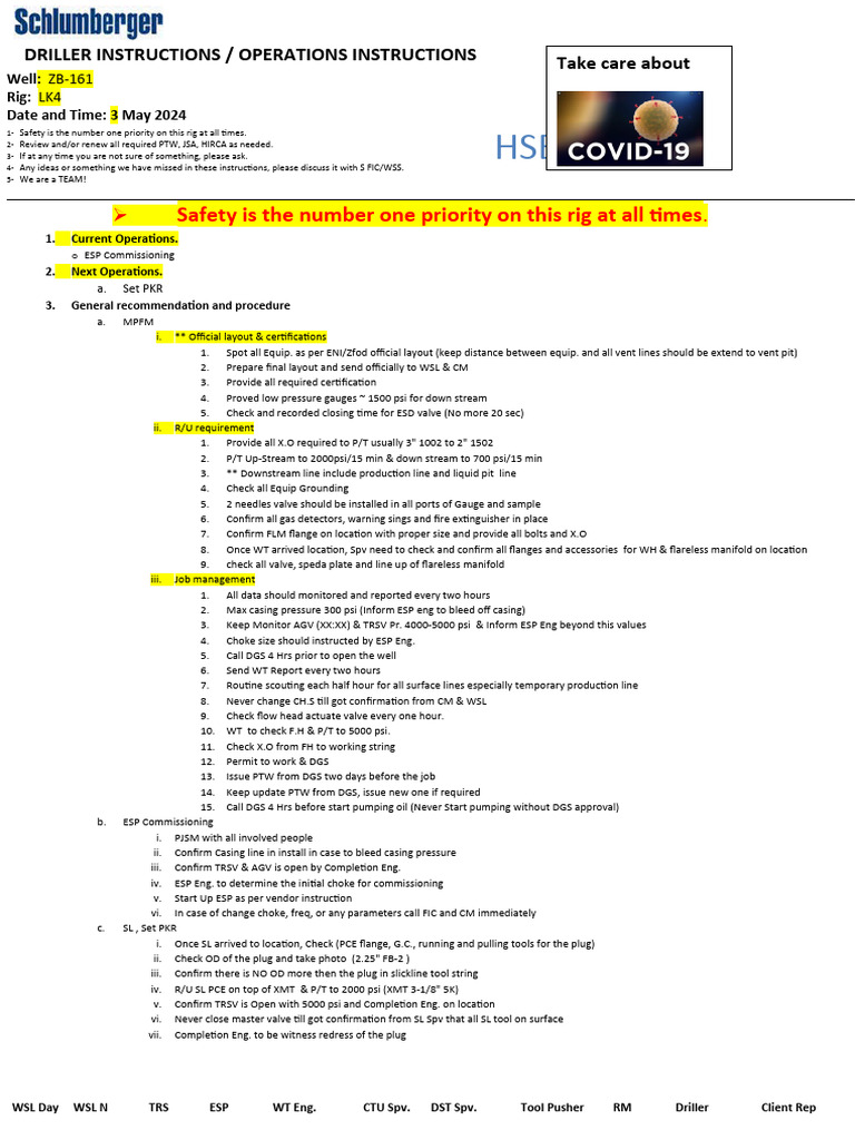 ZB-161 - Daily Op. Instructions - ESP Comm. Set PKR | PDF | Pressure | Pump