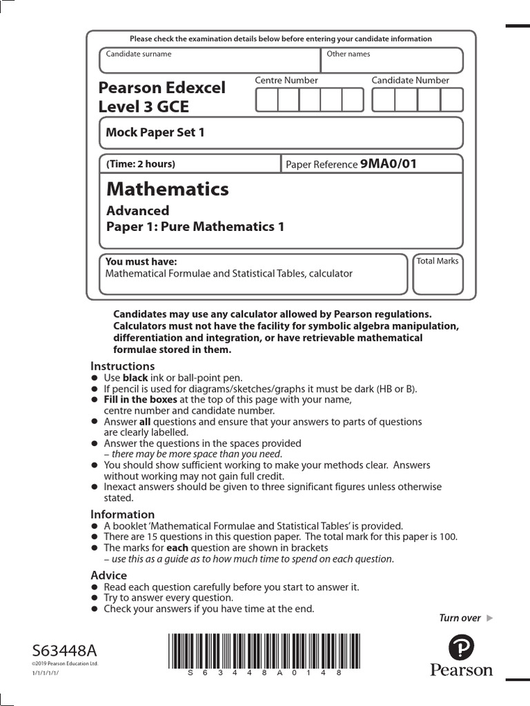 Edexcel Level 3 GCE Maths Mock Exam | PDF | Area | Mathematics