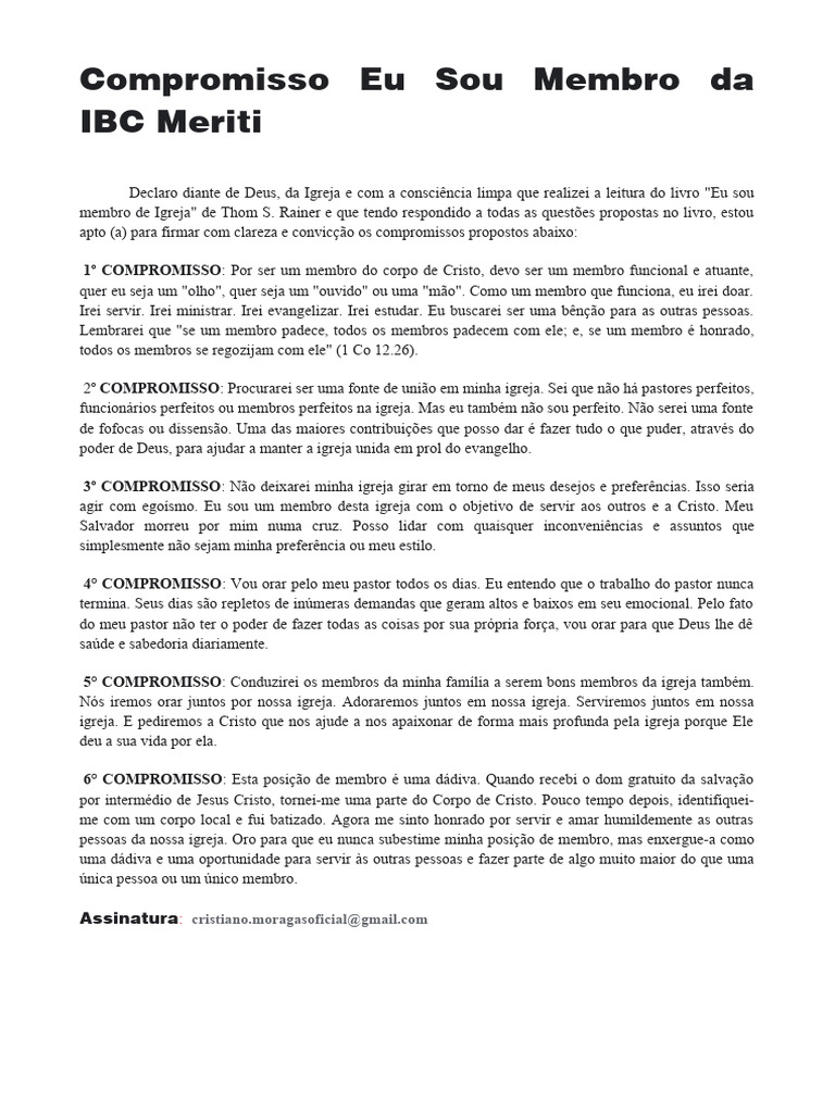 Compromissos de Membro da IBC Meriti | PDF | Igreja cristã | Oração