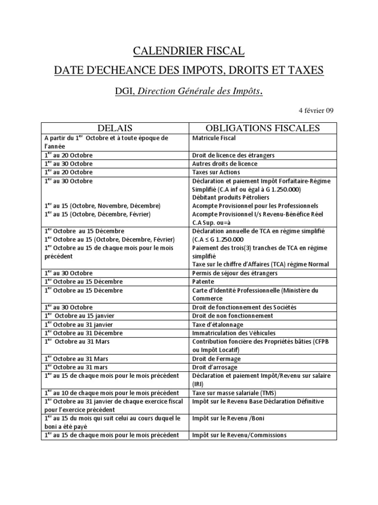 CalenDrier Fiscal Date d'Echeance Des Impots, Droits Et Taxes | Impôt