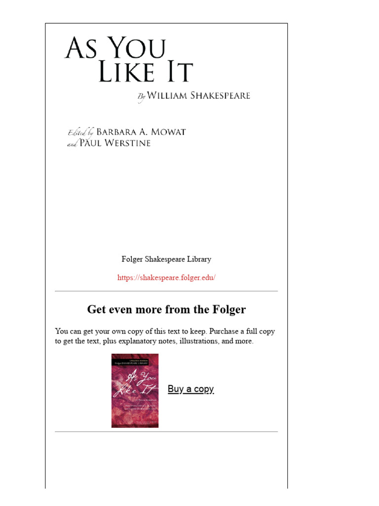 As You Like It PDF FolgerShakespeare | PDF | Shakespearean Comedies