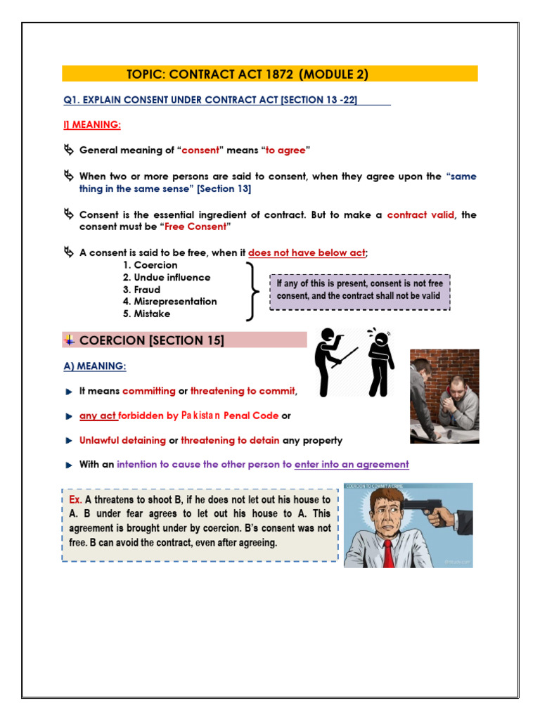 Consent and Coercion in Contract Act 1872 | PDF | Breach Of Contract ...