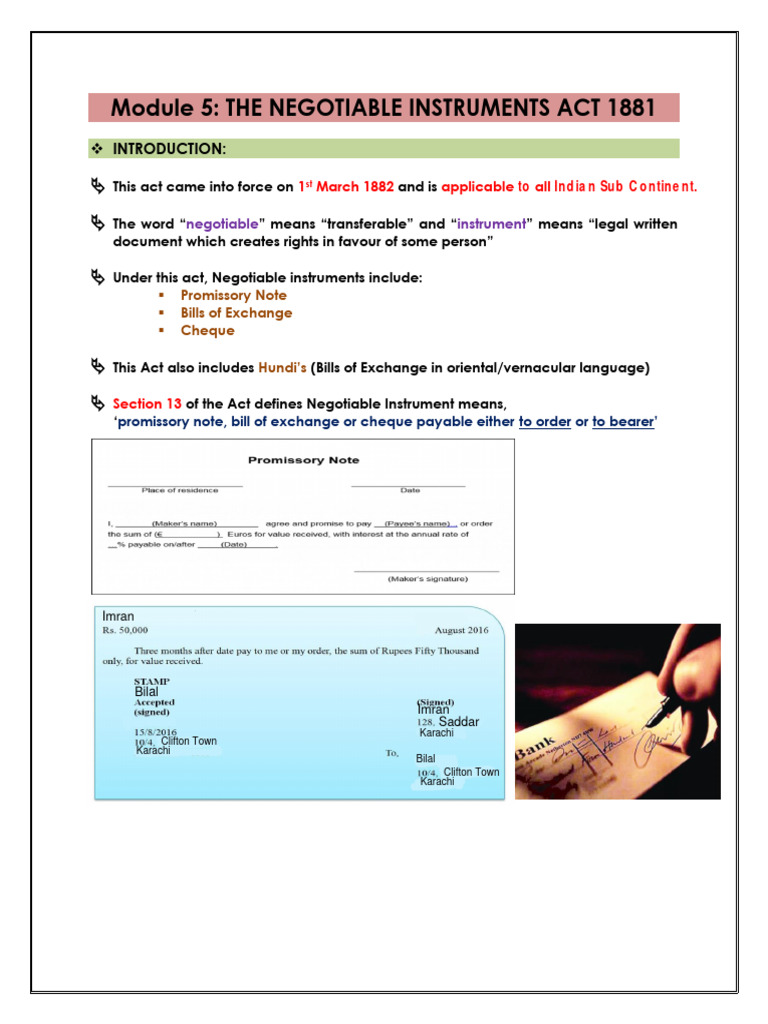 Negotiable Instruments Act Overview | PDF | Cheque | Negotiable Instrument
