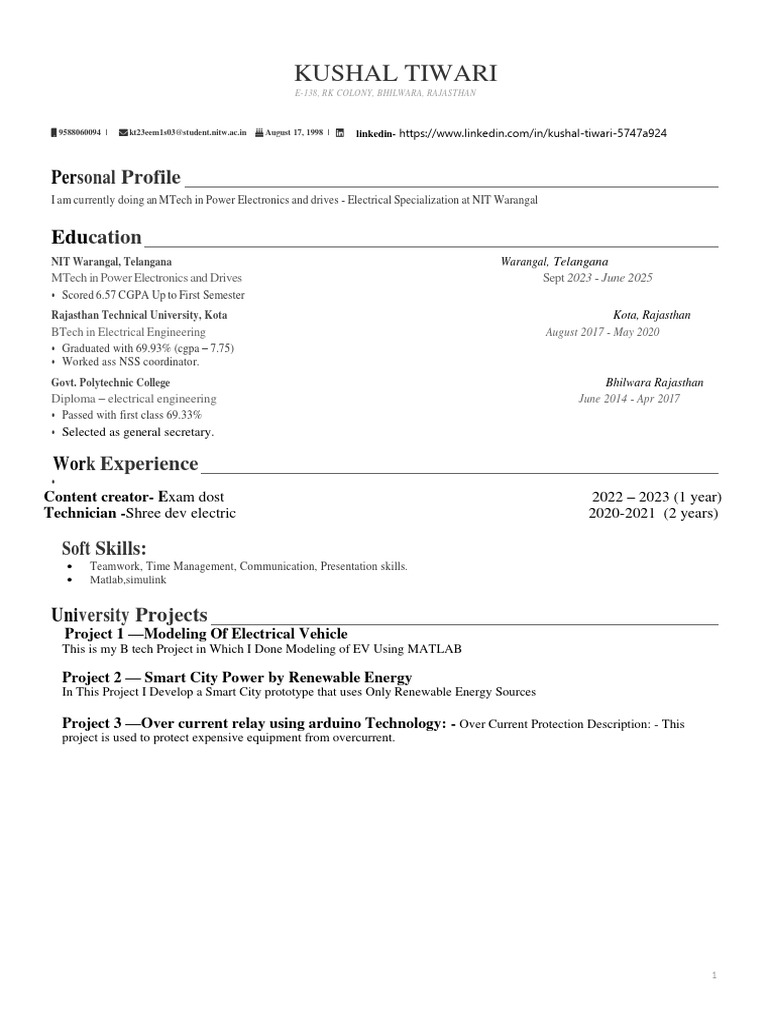 MTech Power Electronics Student Profile | PDF | Engineering
